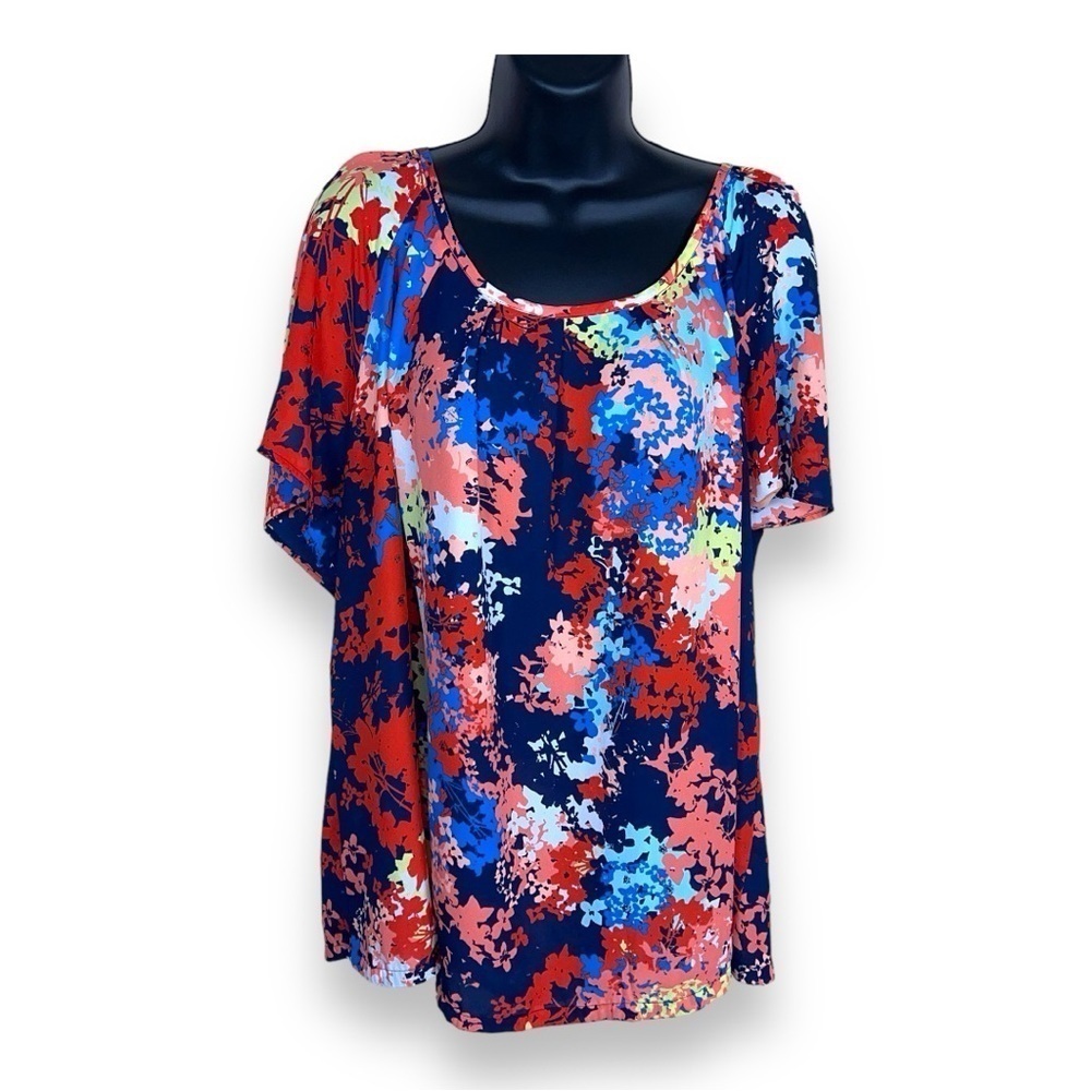 1x ANA COLORFUL FLORAL PRINT BLOUSE SHORT SLEEVE BLUE ORANGE RED PLUS